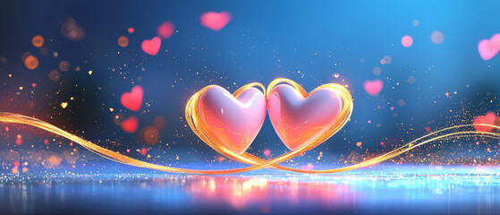 Poster - Intertwined heart outlines with glowing effects and colorful bokeh lights