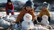 © siriporn - World Snow Day: Children building snowmen in a scenic winter landscape.