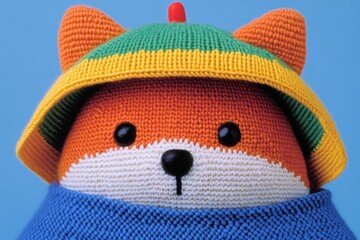 Wall Mural - Hand-knitted rainbow umbrella shielding a woolen fox from pastel-colored rain, with soft yarn puddles forming around its feet, creating a cozy and magical atmosphere.