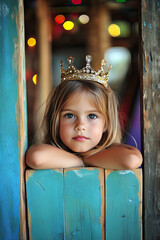 Canvas Print - A little girl wearing a crown, pretending to be a queen in her backyard castle