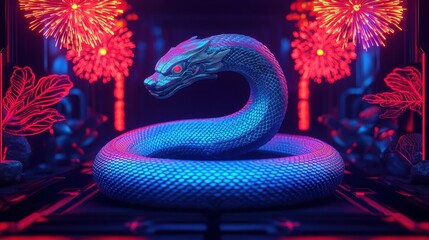 Poster - 2025 Chinese New Year and technology concept. A vibrant, stylized snake coils in a neon-lit environment, surrounded by colorful bursts, creating a dynamic, futuristic atmosphere.