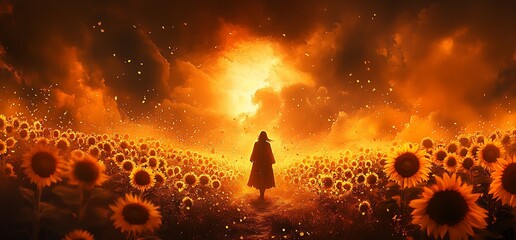 Wall Mural - Woman walks in fiery sunflower field, sunset sky. Fantasy art