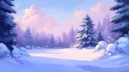 Sticker - Winter wonderland landscape, tranquil snowy forest scene at dawn with soft pastel colors, subtle snowfall, and snow-covered evergreen trees.