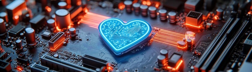 Poster - Glowing heart shape circuit design highlighting technology, love, affection, and digital connection in an abstract futuristic environment