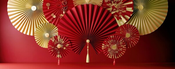 Poster - Red and Gold Decorative Fans Arrangement on a Bold Background for Celebratory Events and Colorful Festive Decorations