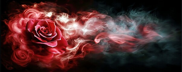 Poster - Captivating Red Rose with Fiery Smoke Swirls on a Dark Background Creating an Enchanting and Dramatic Visual Ambience for Creative Projects