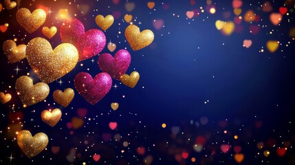 Poster - Colorful Glittering Hearts on Dark Background for Romantic Celebrations, Love Events, and Festive Occasions with Bokeh Effects and Lights