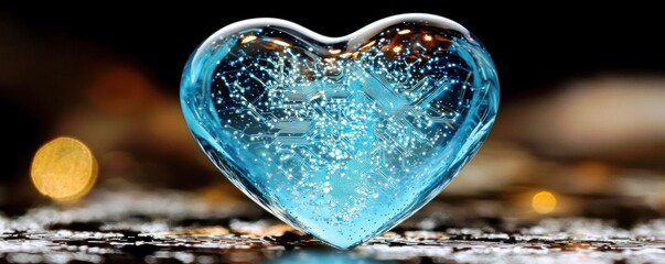 Poster - Blue Heart Shaped Glass Object with Bubbles and Sparkles on Black Surface, Creating a Romantic and Dreamy Atmosphere for Love Themes and Celebrations