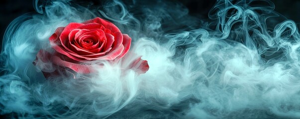 Poster - Delicate Red Rose Surrounded by Mysterious Smoke on a Dark Background, Evoking a Sense of Enchantment and Romance in Nature’s Beauty