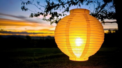 Poster - Serene Illuminated Paper Lantern Hanging Against Sunset Sky with Silhouetted Branches and Vibrant Colors of Nature
