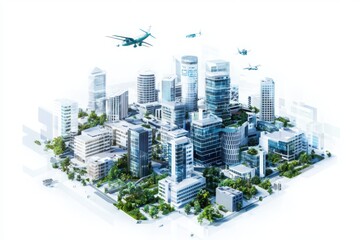 Poster - Smart city development featuring ai in healthcare innovations urban area digital art futuristic environment aerial view technology integration