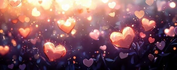 Poster - Beautiful heart shapes with sparkling light glowing against a dreamy bokeh background ideal for love, romance, and celebration themed projects