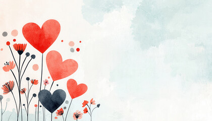 Poster - Romantic watercolor hearts with flowers in soft pastel background