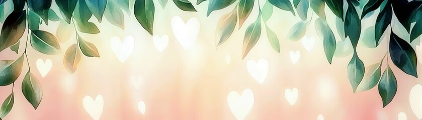 Poster - Soft and Romantic Background with Green Leaves and Hearts for Elegant and Dreamy Designs in Various Creative Projects