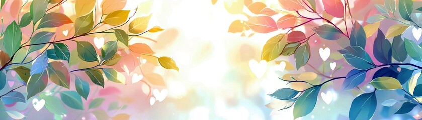 Poster - Vibrant Colorful Background with Leaves and Hearts Illustrating Beauty and Nature in a Soft Dreamy Light