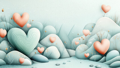Poster - Soft pastel hearts in serene landscape with gentle hills and flowers