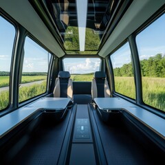 Poster - Innovative autonomous vehicle showcase open road digital art scenic landscape interior view future mobility concept