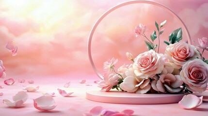 Poster - Lush pink roses arranged elegantly in a delicate round display against a dreamy soft pastel background with floating petals and ethereal clouds