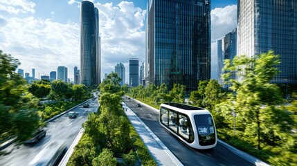 Poster - Autonomous vehicle revolutionizing urban transport downtown cityscape digital art modern architecture aerial view accessibility in transportation