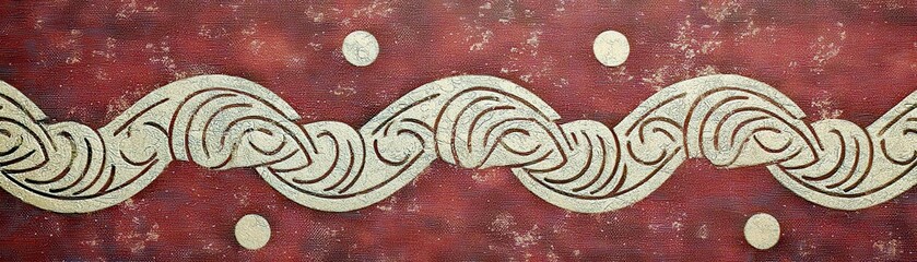 Poster - Intricate Decorative Design Featuring Wavy Pattern and Circular Elements on a Rustic Red Background with Textured Details and Artistic Flourishes