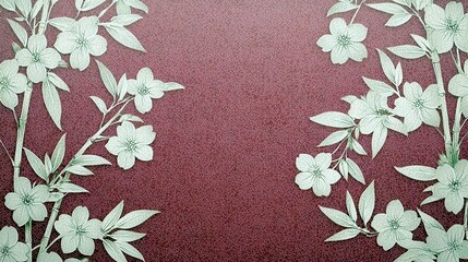 Poster - Delicate Floral Design on Burgundy Background with Light Green Leaves and Flowers in Vintage Style Aesthetic Perfect for Elegant Decor and Artwork