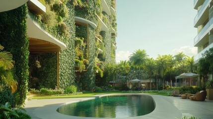 Sticker - Lush green building, pool, tropical landscaping.