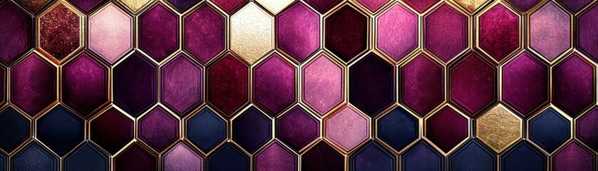 Aufkleber - Elegant Geometric Hexagon Pattern in Rich Purple and Gold Tones for Modern Interior Design and Creative Backgrounds
