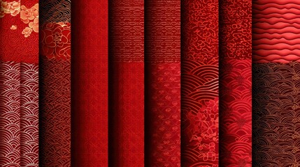 Poster - Elegant Collection of Traditional Red Textures and Patterns Featuring Floral and Wave Designs for Backgrounds and Textiles