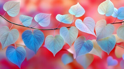Poster - Delicate pastel heart-shaped leaves in soft colors creating a dreamy background with a vibrant blend of red and pink hues for nature-inspired themes