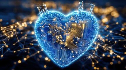Poster - Heart Shape with Circuit Board Pattern and Glowing Lights Symbolizing Technology, Connection, and Digital Love in a Modern World
