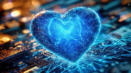 Poster - Futuristic Blue Heart Shape Surrounded by Digital Connections and Circuit Patterns Representing Technology and Love