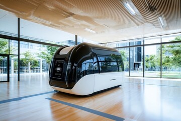 Poster - Autonomous vehicle training program showcase modern facility technology demonstration indoor environment wide-angle view innovation in transportation
