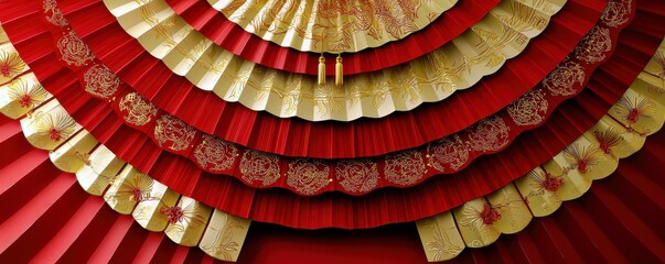 Poster - Elegant Red and Gold Decorative Fans in Traditional Asian Design with Floral Patterns for Festive Celebrations and Cultural Events