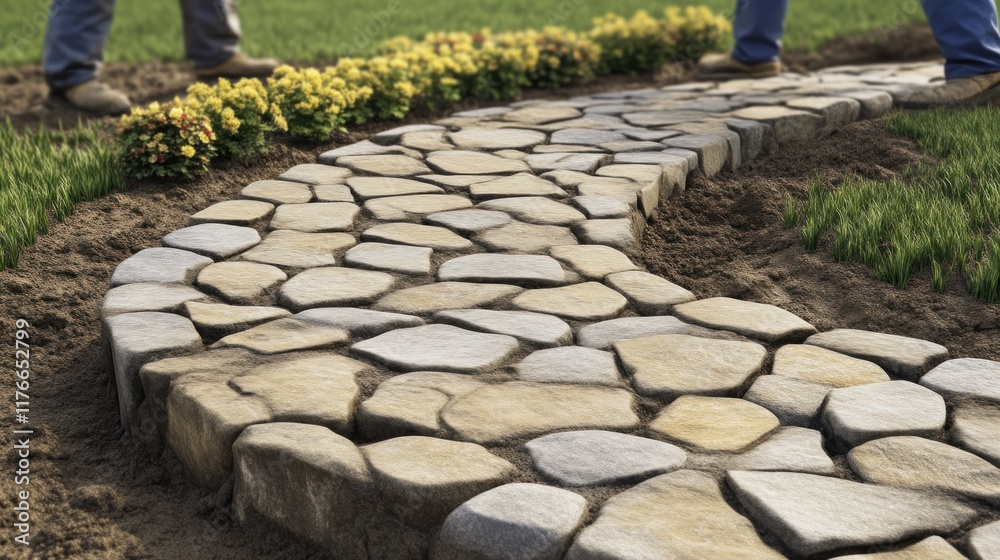 Creating a beautiful stone pathway garden diy project outdoor close-up ...