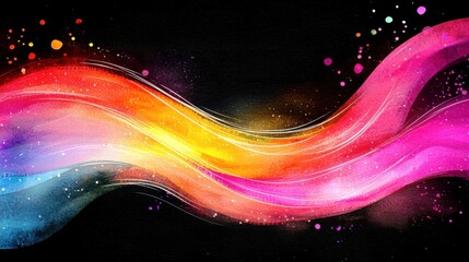 Poster - Vibrant Abstract Wave with Colorful Swirls and Dots on Black Background for Artistic and Creative Designs