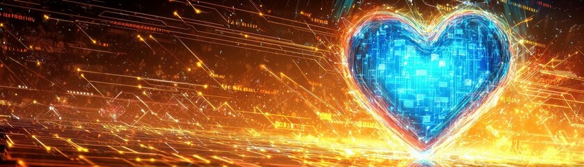 Aufkleber - Glowing Digital Heart with Blue Patterns Surrounded by Energetic Light Waves and Dynamic Background for Love and Technology Themes