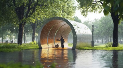 Canvas Print - Person shelters in rain under curved, metallic structure.