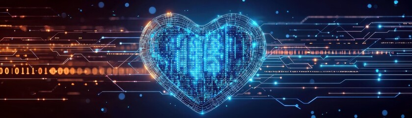 Poster - Digital Heart with Binary Code and Circuit Background, Representing Technology, Data, and Innovation in a Modern Graphic Design Style