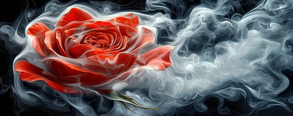 Poster - Ethereal Red Rose Surrounded by Mystical Smoke in an Abstract Artistic Presentation for Nature and Floral Lovers