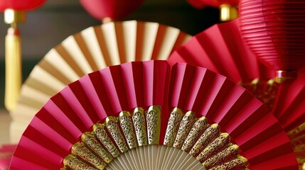 Poster - Vibrant Red and Gold Decorative Paper Fans with Lanterns Creating a Festive Atmosphere for Seasonal Celebrations and Cultural Events