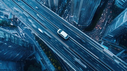 Poster - Autonomous vehicle strategy emphasizing user experience on urban highways aerial view of smart transport environment