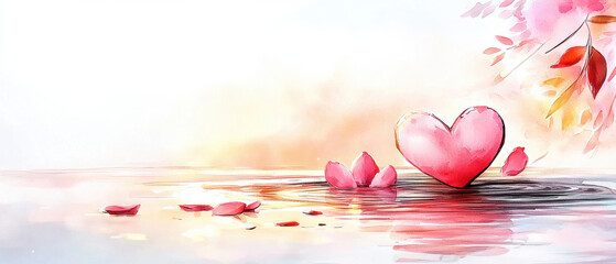 Poster - Floating heart made of delicate rose petals, glowing in serene water