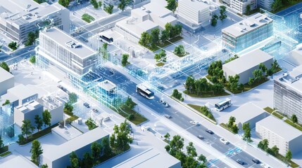Poster - Innovative autonomous vehicle strategy enhancing user experience in urban environments city streets digital rendering aerial view future mobility concept