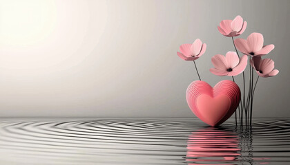 Poster - heart shaped decoration surrounded by soft pastel flowers reflects in water