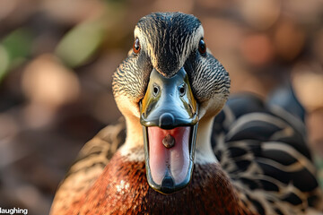 Duck with its beak wide open, looking as if it’s “laughing”