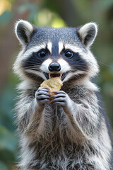 Wall Mural - Raccoon with a mischievous grin, holding a piece of food like a guilty snack thief