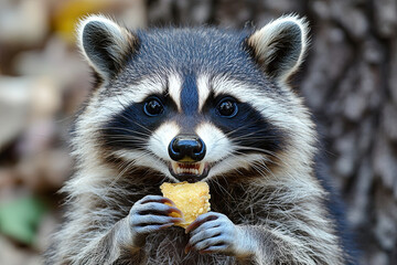 Wall Mural - raccoon with a mischievous grin, holding a piece of food like a guilty snack thief