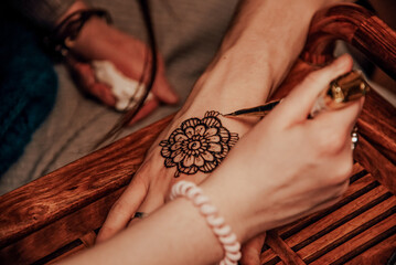 Indian Traditional Temporary Henna Tattoo, Mehende Ornament Pattern on Hands