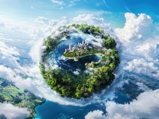 Poster - Circular economy practices for sustainable urban development global cityscape digital illustration aerial view nature integration