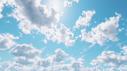 A bright blue sky with puffy white clouds.